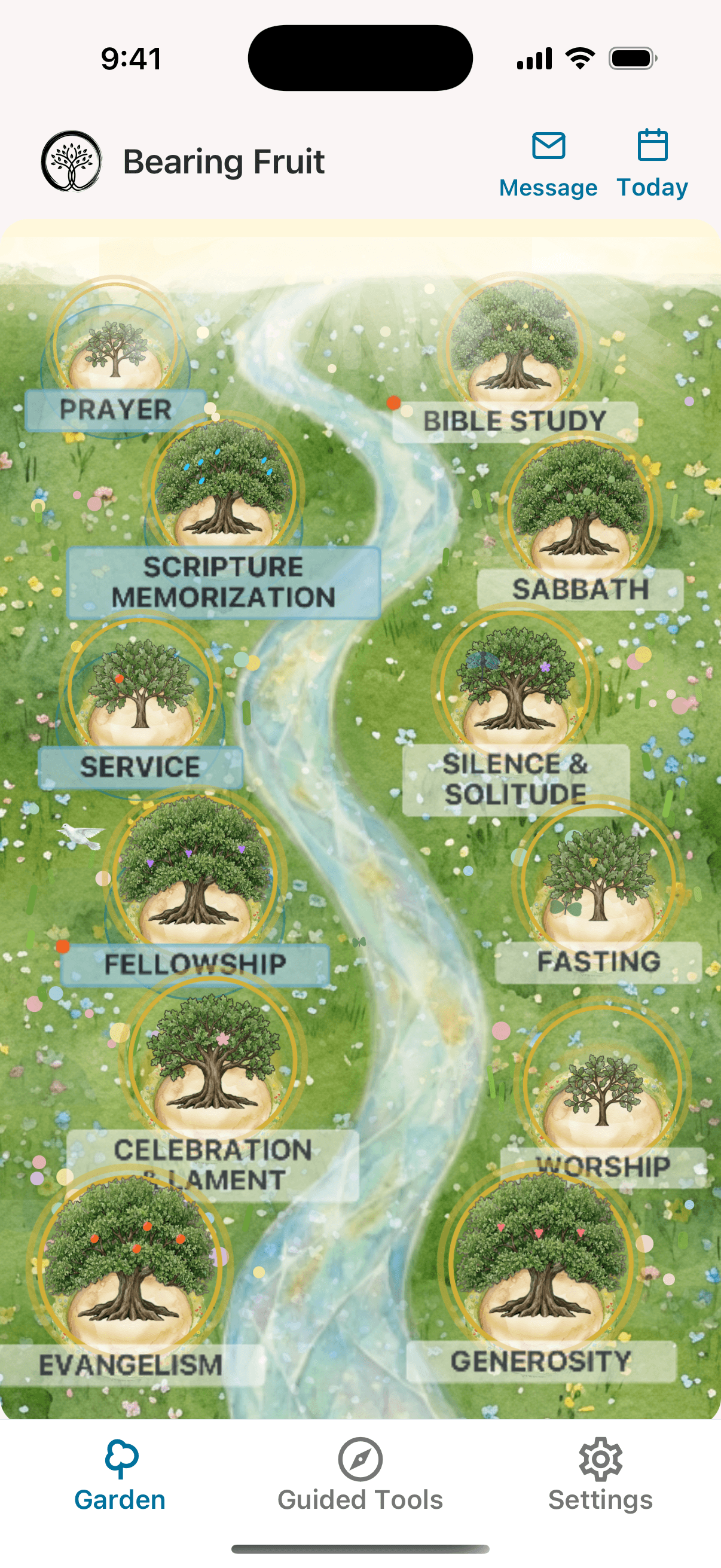 Bearing Fruit app — garden view showing 12 habit trees along the river of life