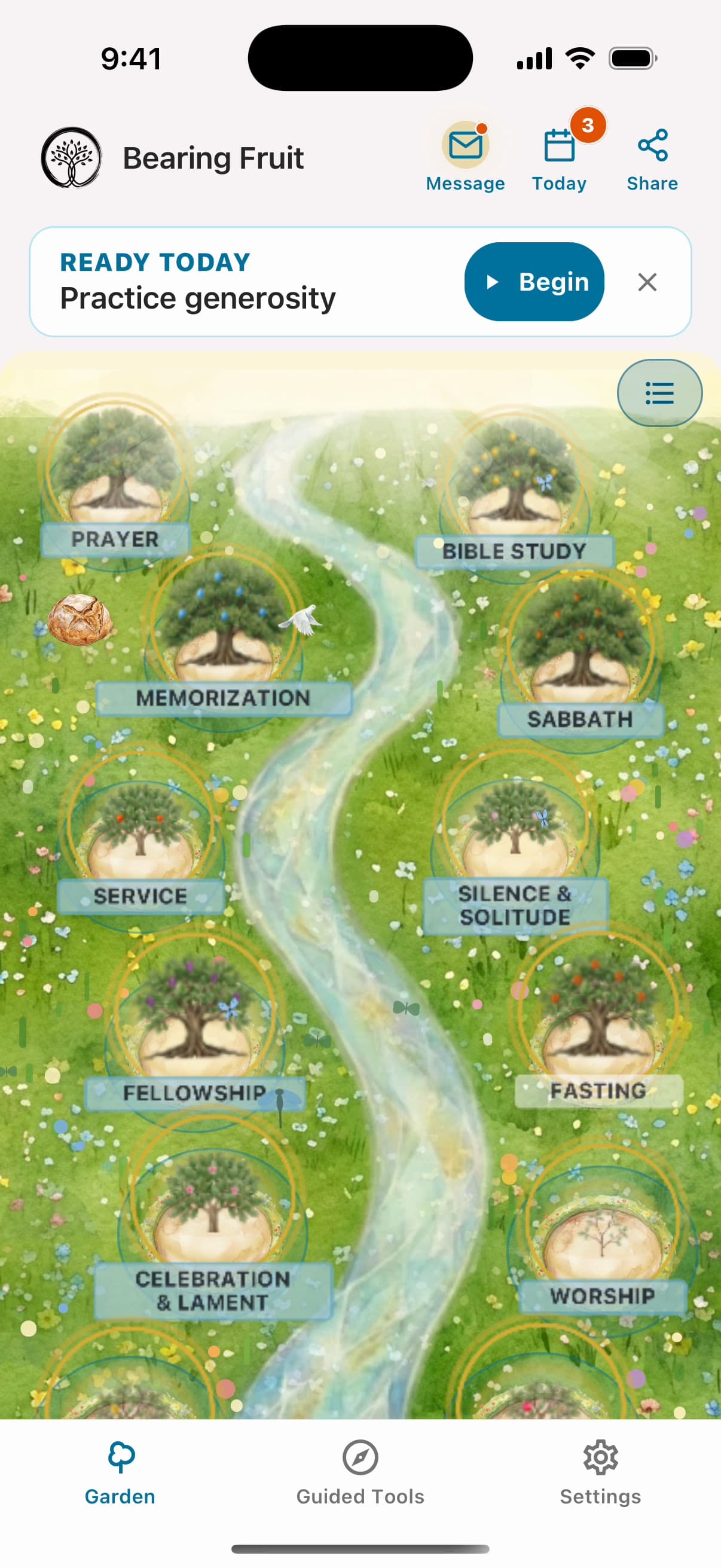 Bearing Fruit app: a garden along a river where each Holy Habit you practice grows as a tree, with today's practice ready to begin