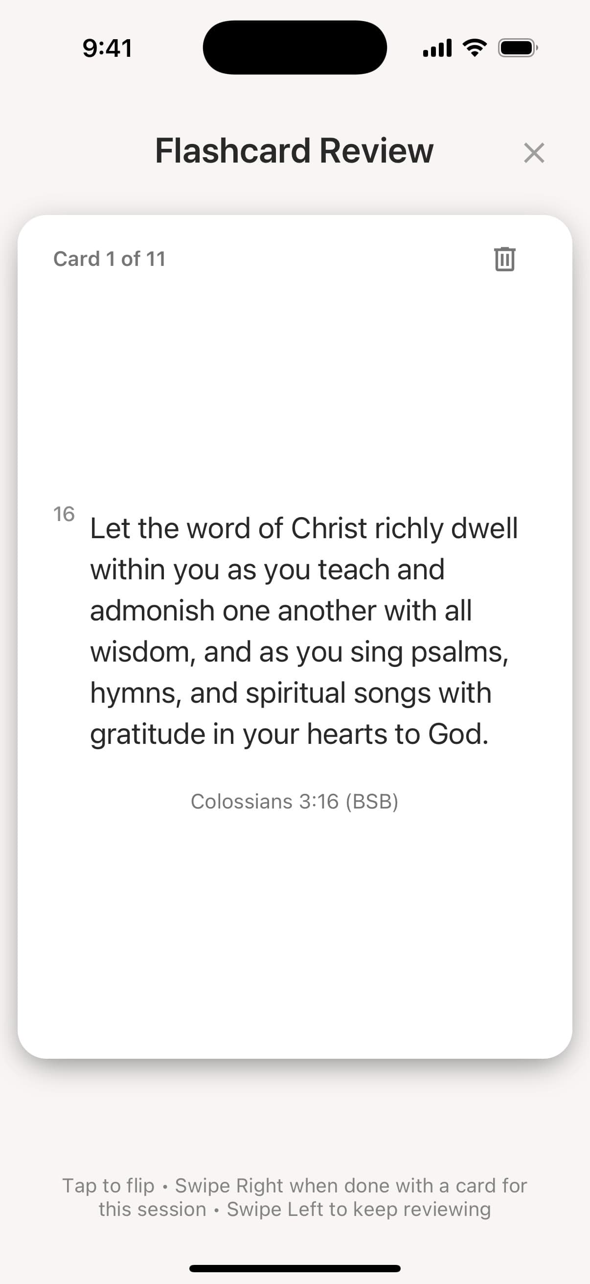 A Scripture flashcard showing Colossians 3:16