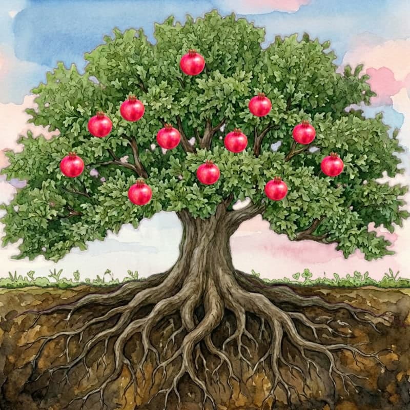 A fully grown tree bearing pomegranates, the last stage of a habit tree